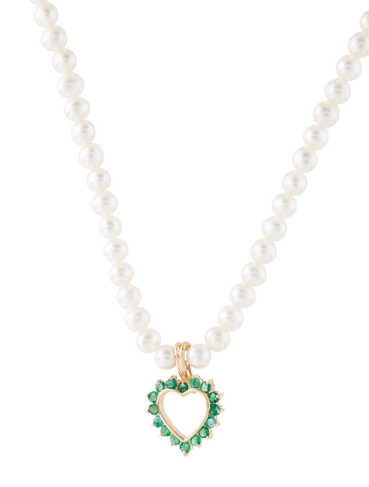 Necklace 14K Pearl & Emerald Heart Pendant Necklace
