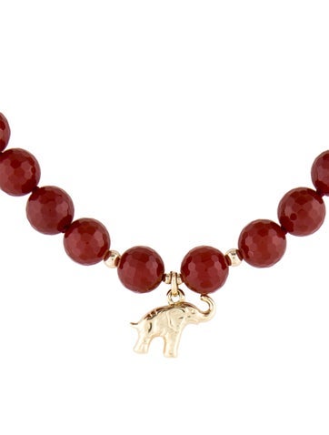Necklace Bead Strand 14K Carnelian & Elephant Pendant