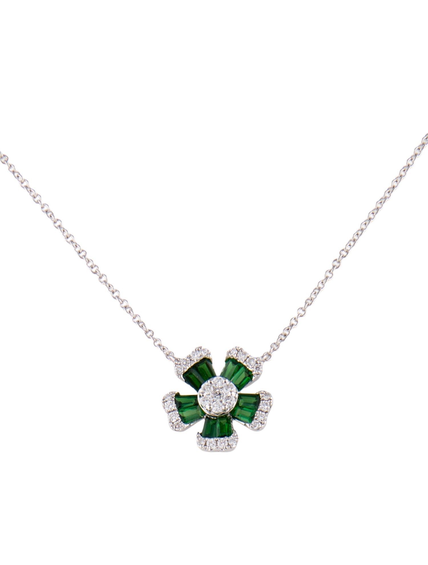 Necklace 14K Tsavorite Garnet & Diamond Flower Pendant Necklace