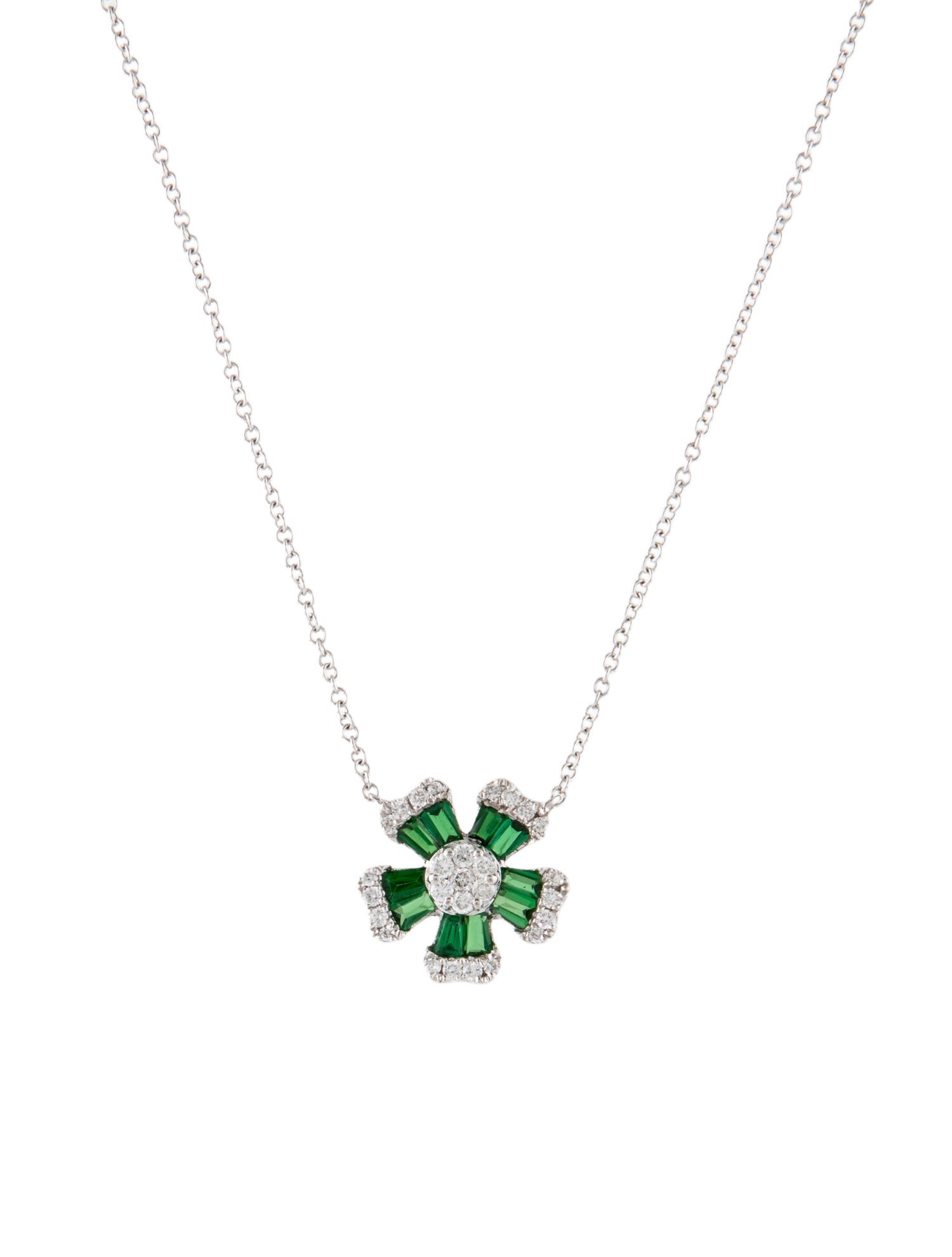 Necklace 14K Tsavorite Garnet & Diamond Flower Pendant Necklace