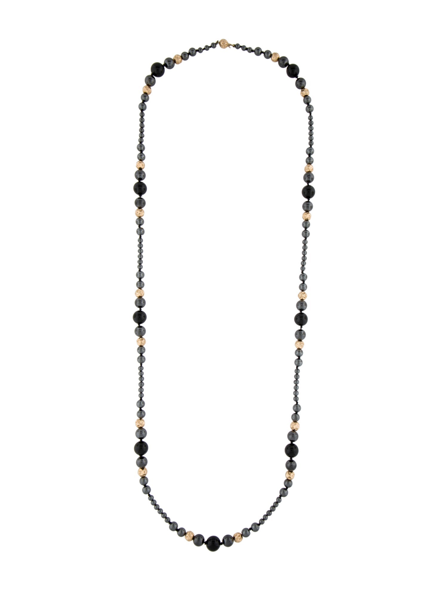 Necklace 14K Hematine, Onyx & Dimpled Gold Bead Strand Necklace