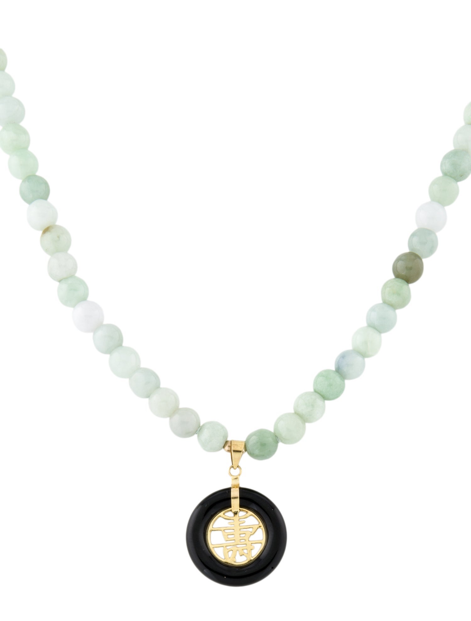 Necklace 14K Jadeite Bead Strand & Onyx Pendant Necklace