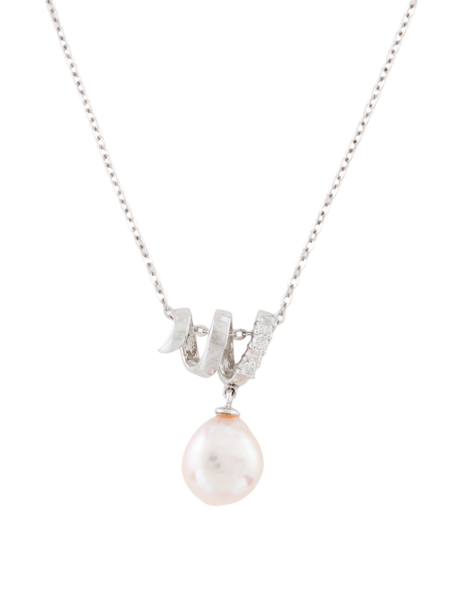 Necklace 14K Pearl & Diamond Swirl Pendant Necklace