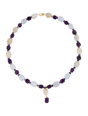 Necklace 14K Iolite, Chalcedony & Amethyst Tumbled Bead Strand Necklace