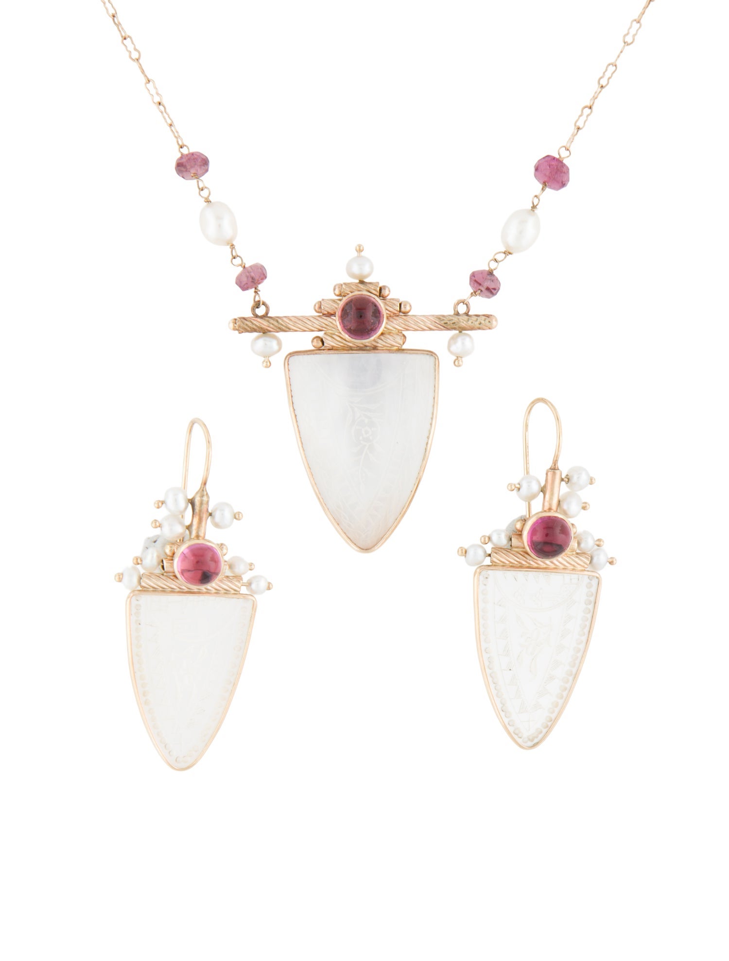 Necklace 14K Pearl, Carved Mother of Pearl & Pink Tourmaline Set