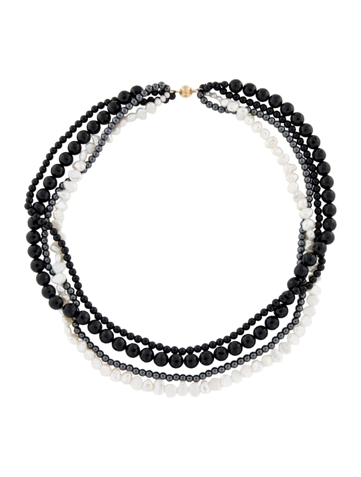 Necklace 14K Pearl, Hematine & Onyx Bead Multistrand Necklace