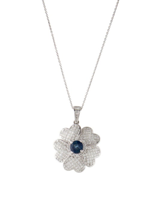 Necklace 18K 1.22ct Sapphire & Diamond Flower Pendant Necklace