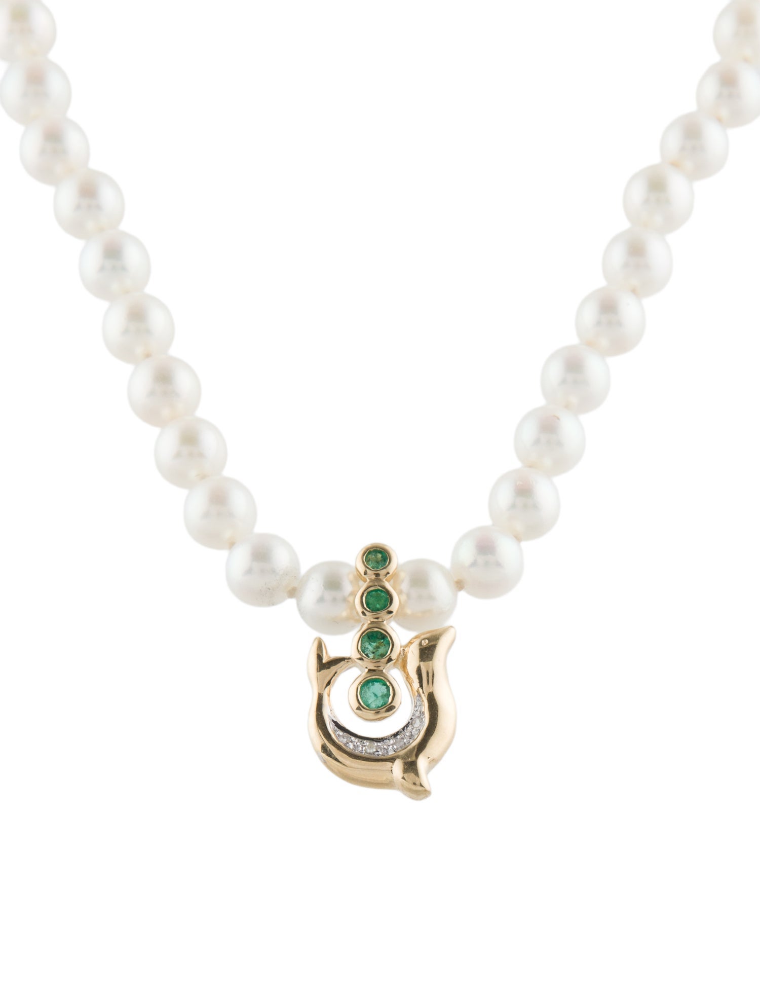 Necklace 14K Pearl, Emerald & Diamond Dolphin Pendant Necklace