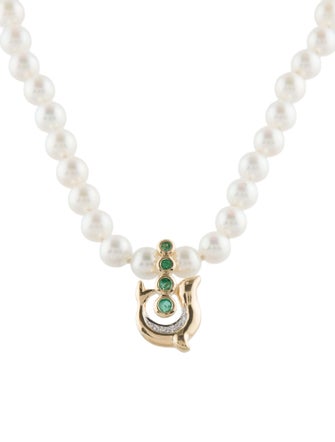 Necklace 14K Pearl, Emerald & Diamond Dolphin Pendant Necklace