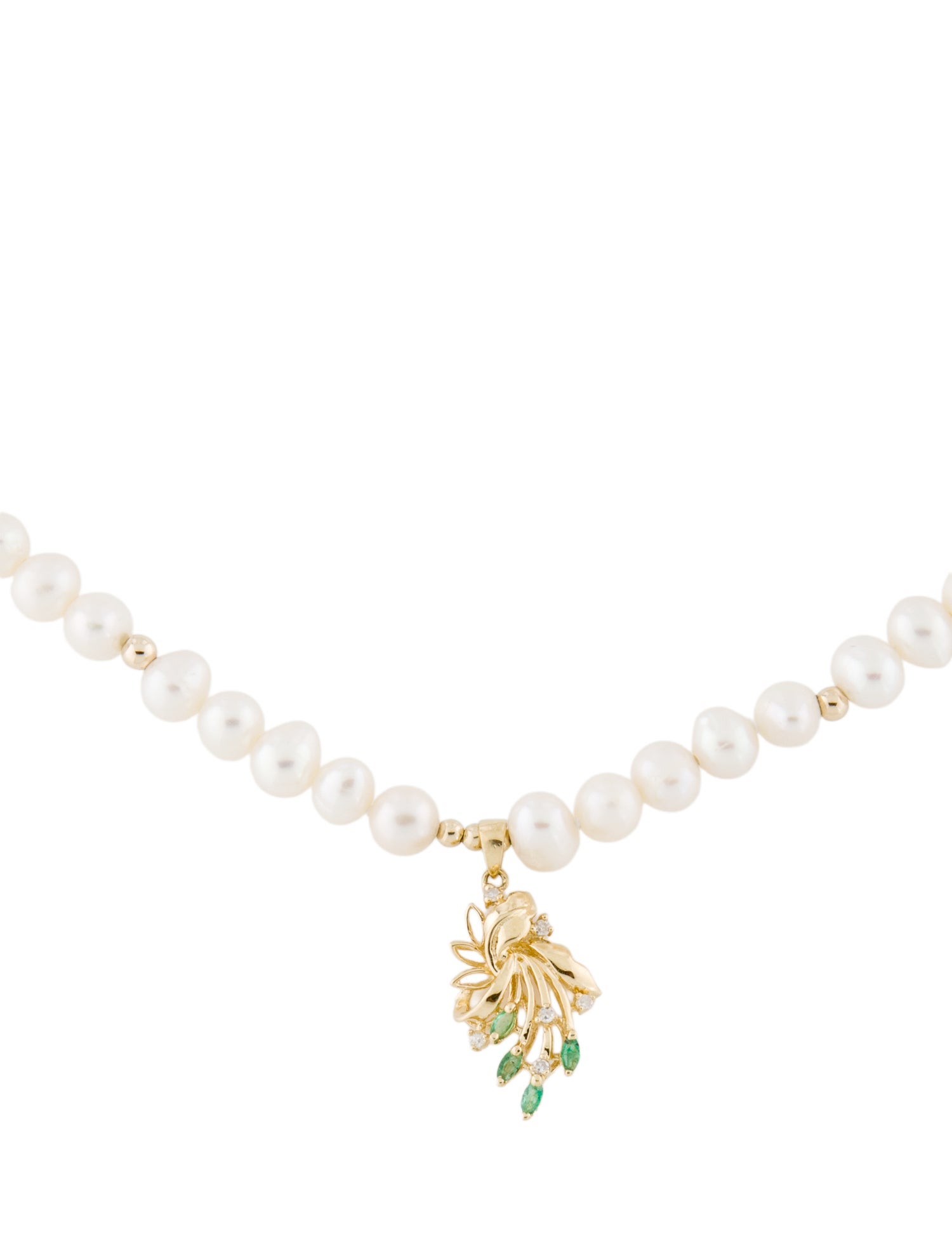 Necklace 14K Pearl Emerald & Diamond Bead Strand Pendant Necklace