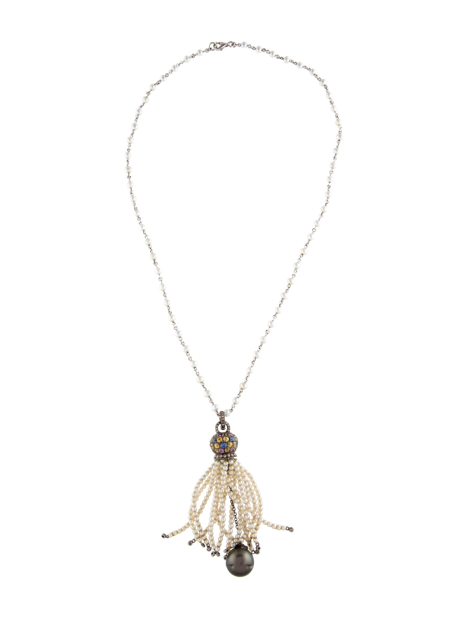 Necklace 18K Dyed Pearl, Sapphire, & Diamond Tassel Pendant Necklace