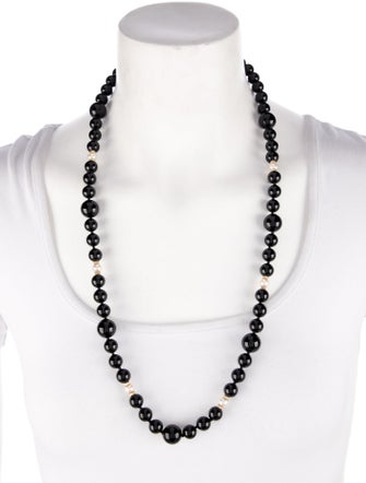 Necklace 14K Onyx & Pearl Beaded Strand