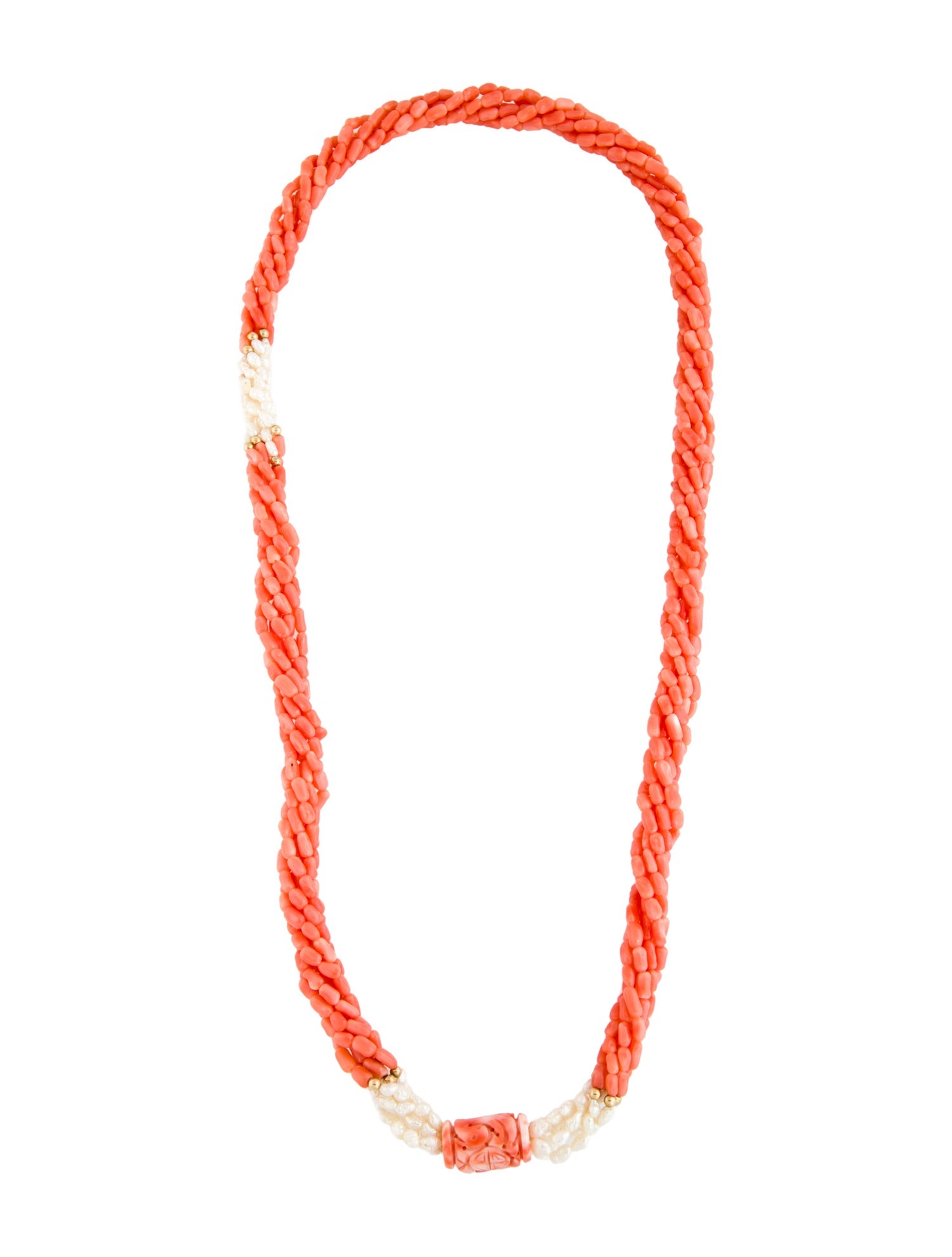 Necklace 14K Pearl & Dyed Coral Bead Multistrand Torsade