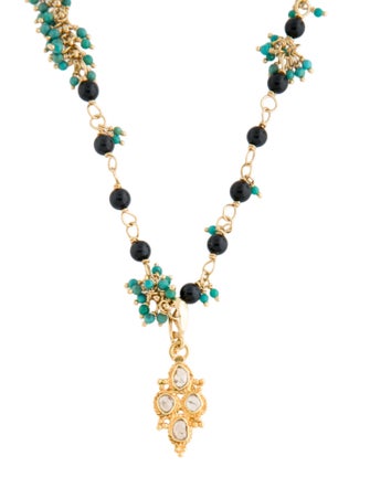 Necklace 18K Hawk's Eye Quartz, Turquoise & Diamond Station Pendant Necklace