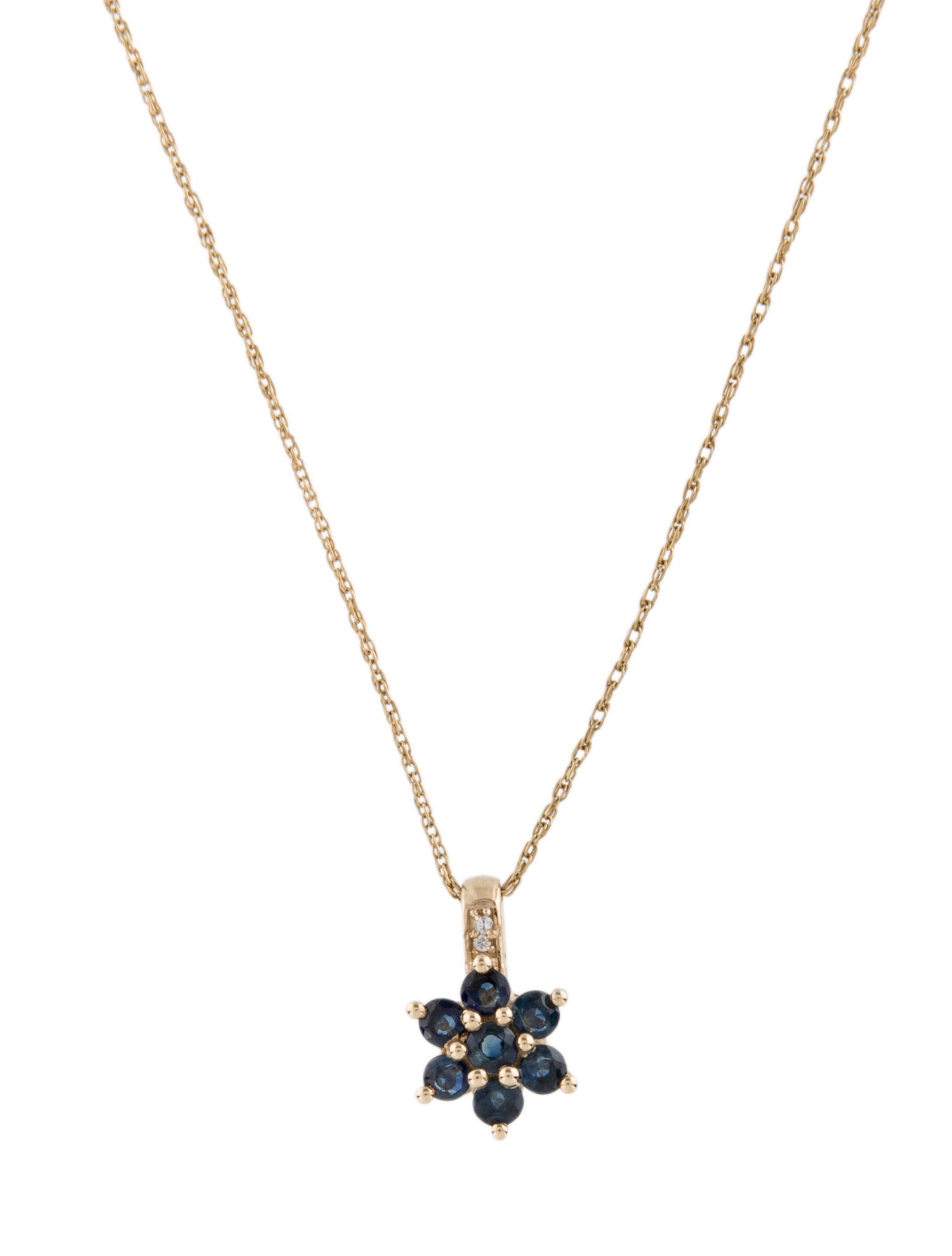 Necklace 10K Sapphire & Diamond Flower Pendant Necklace