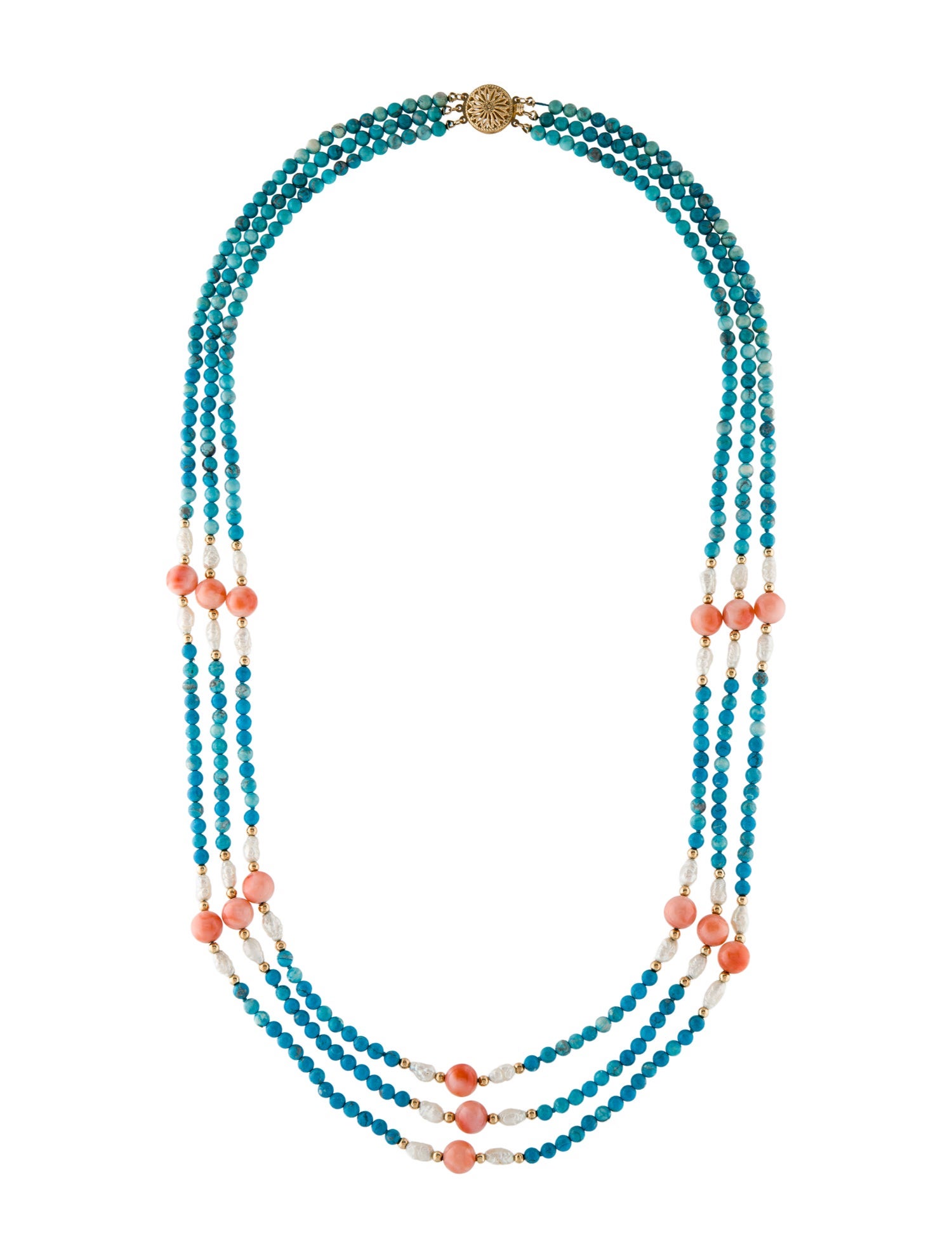 Necklace 14K Pearl, Coral & Dyed Magnesite Multistrand Necklace
