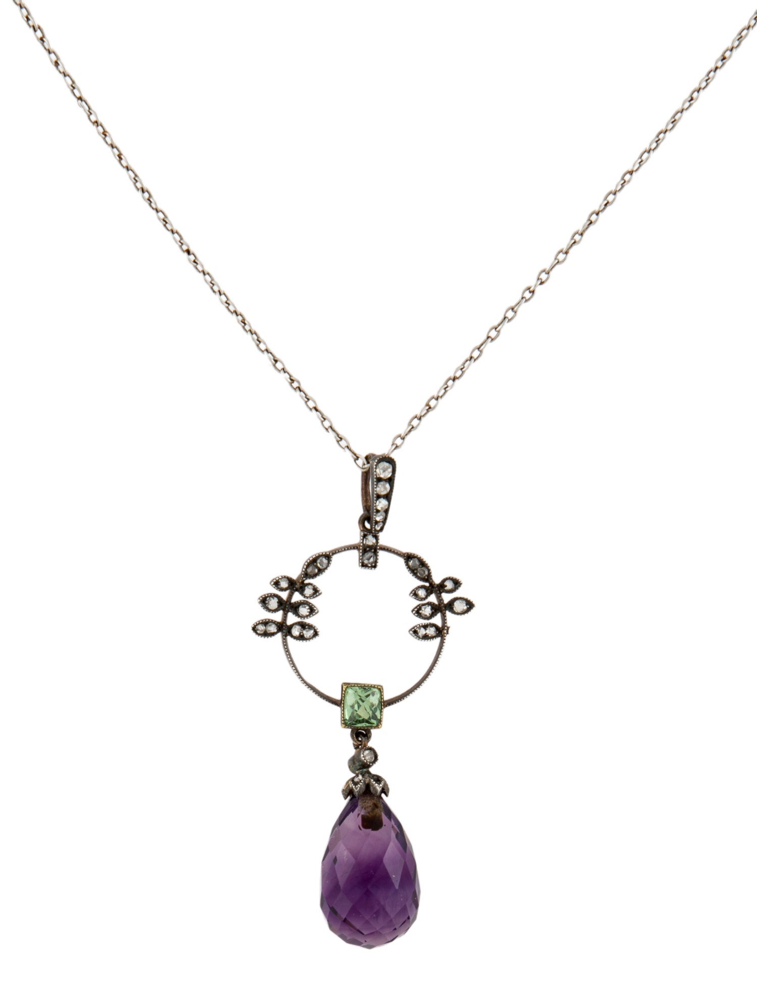 Necklace Antique Russian Platinum Demantoid, Diamond & Amethyst Lavalier