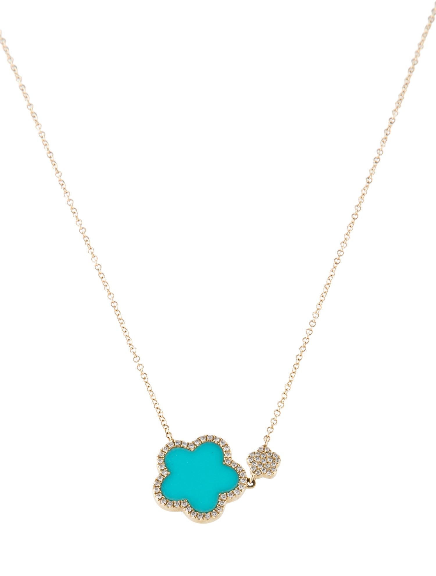 Necklace 14K Turquoise & Diamond Flower Pendant