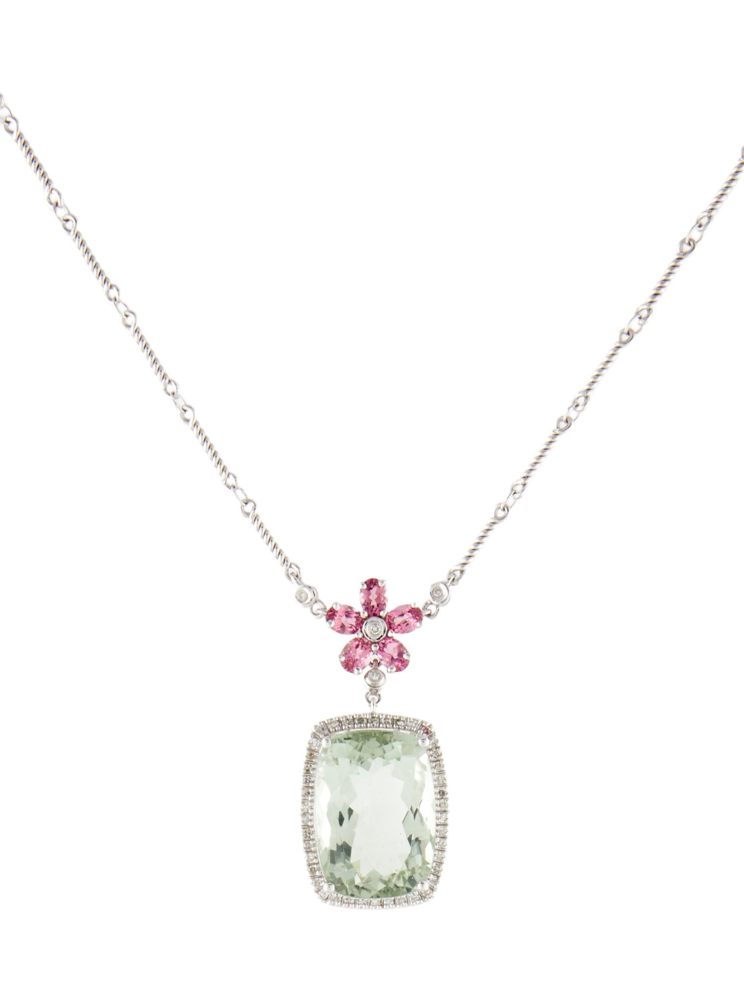 Necklace 18K Prasiolite, Tourmaline & Diamond Pendant Necklace