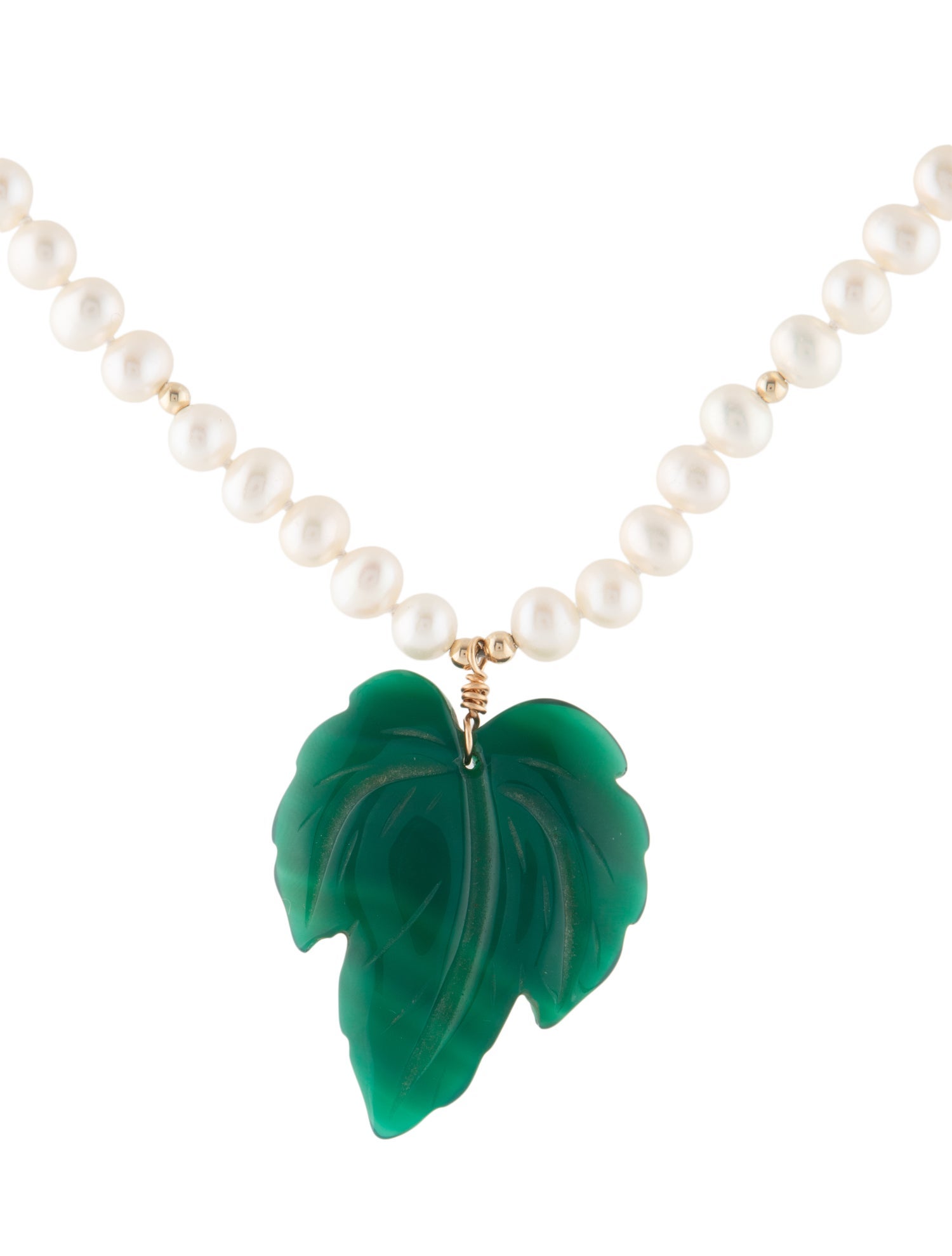 Necklace 14K Pearl & Dyed Chalcedony Leaf Pendant