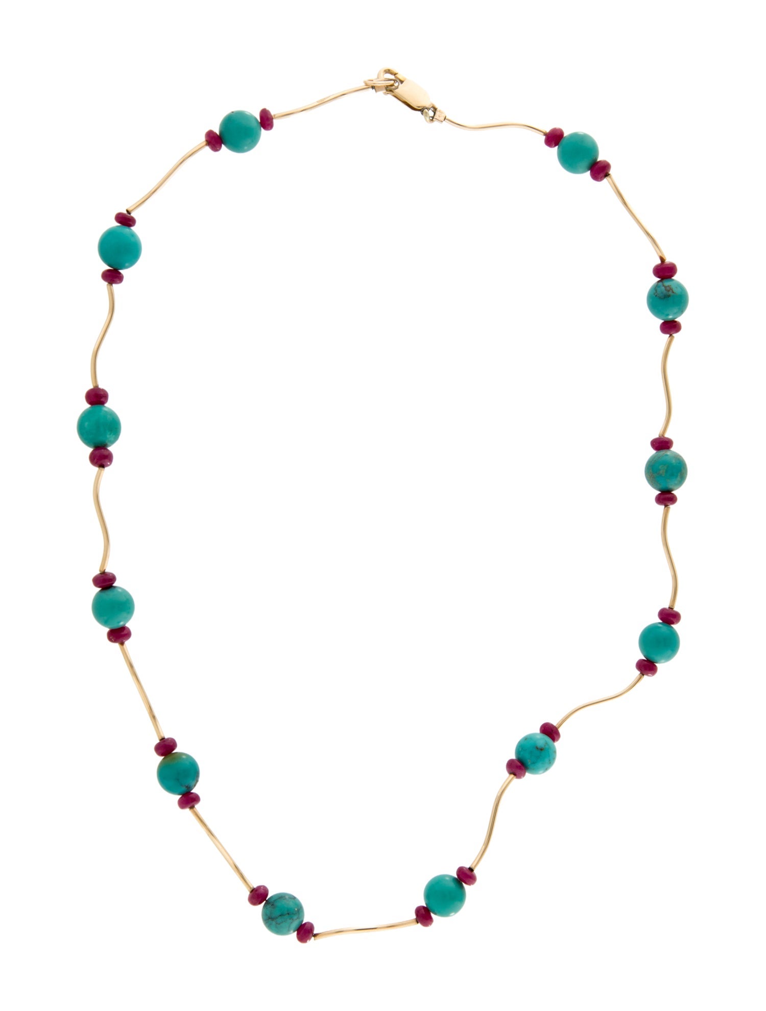 Necklace 14K Turquoise & Ruby Wavy Station