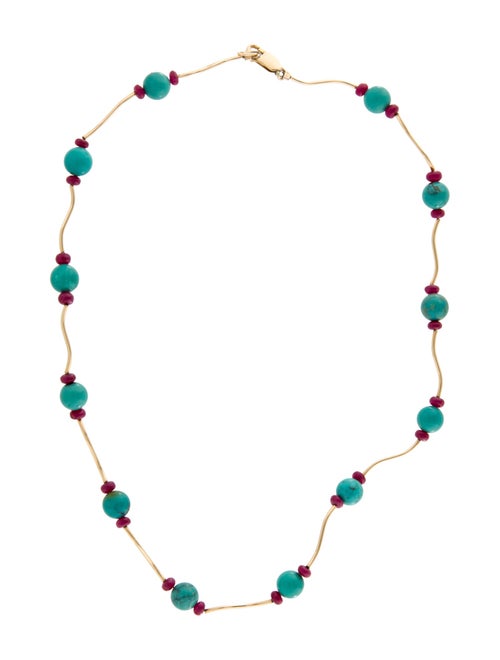 Necklace 14K Turquoise & Ruby Wavy Station Necklace