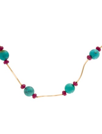 Necklace 14K Turquoise & Ruby Wavy Station Necklace