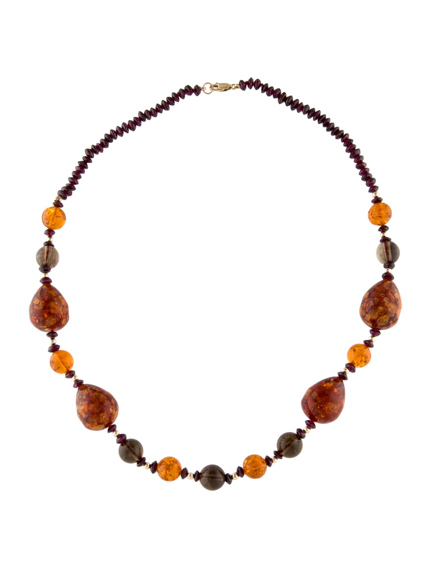 Necklace 14K Amber, Garnet & Smoky Quartz Beaded Necklace