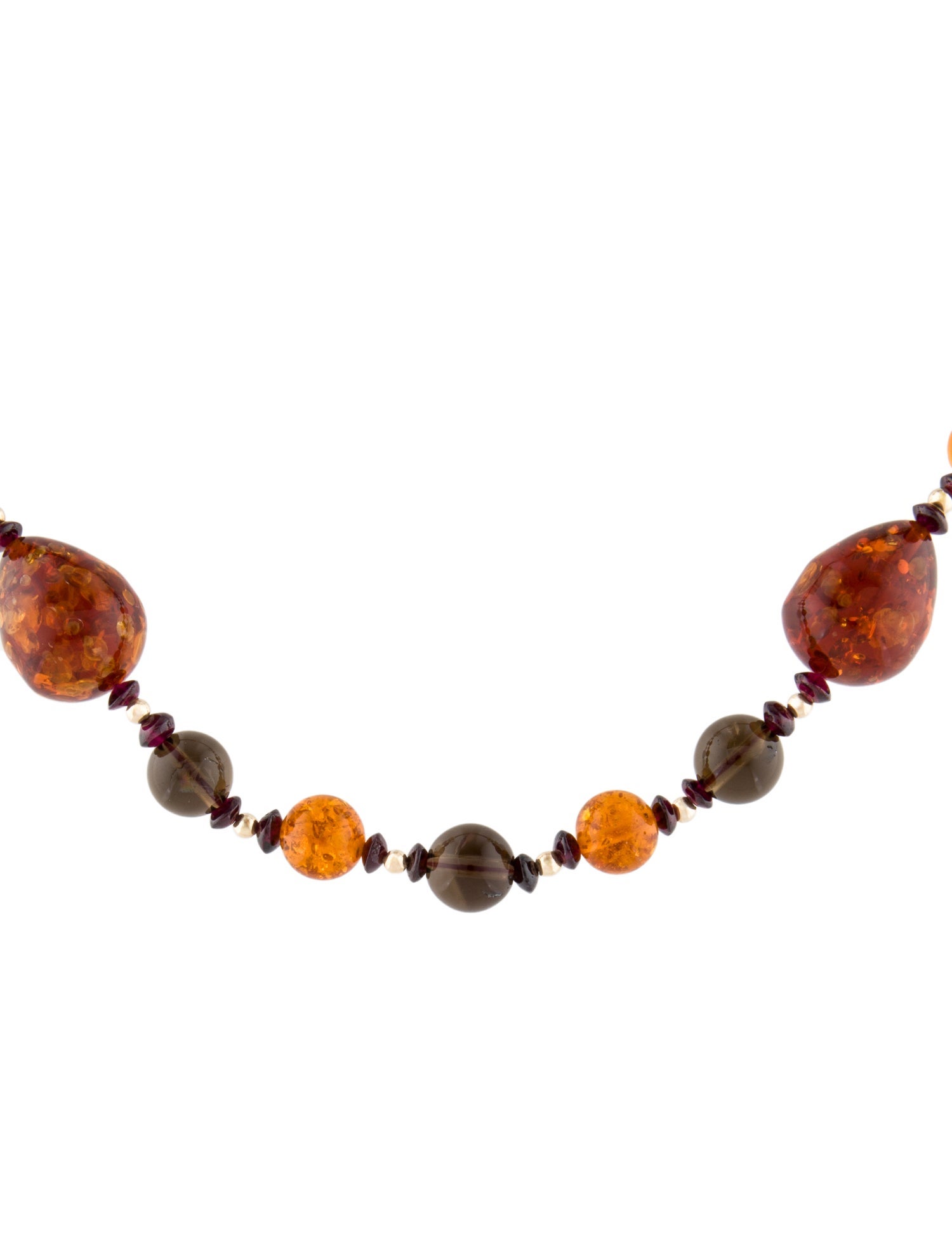 Necklace 14K Amber, Garnet & Smoky Quartz Beaded Necklace