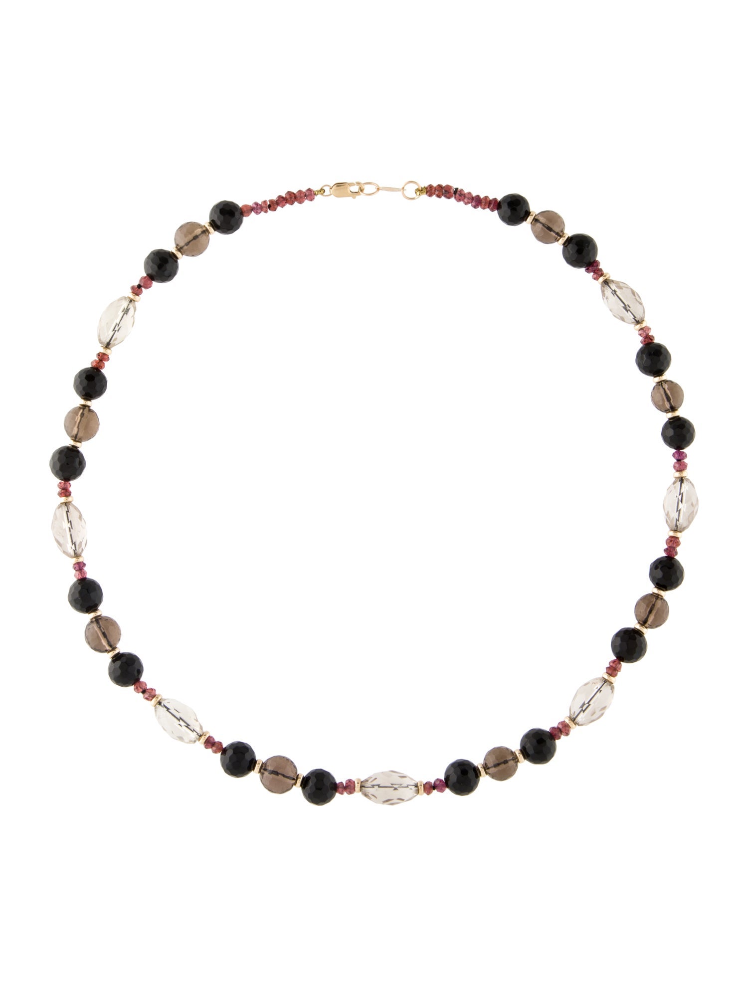 Necklace 14K Garnet, Smoky Quartz, Onyx & Quartz Beaded Necklace