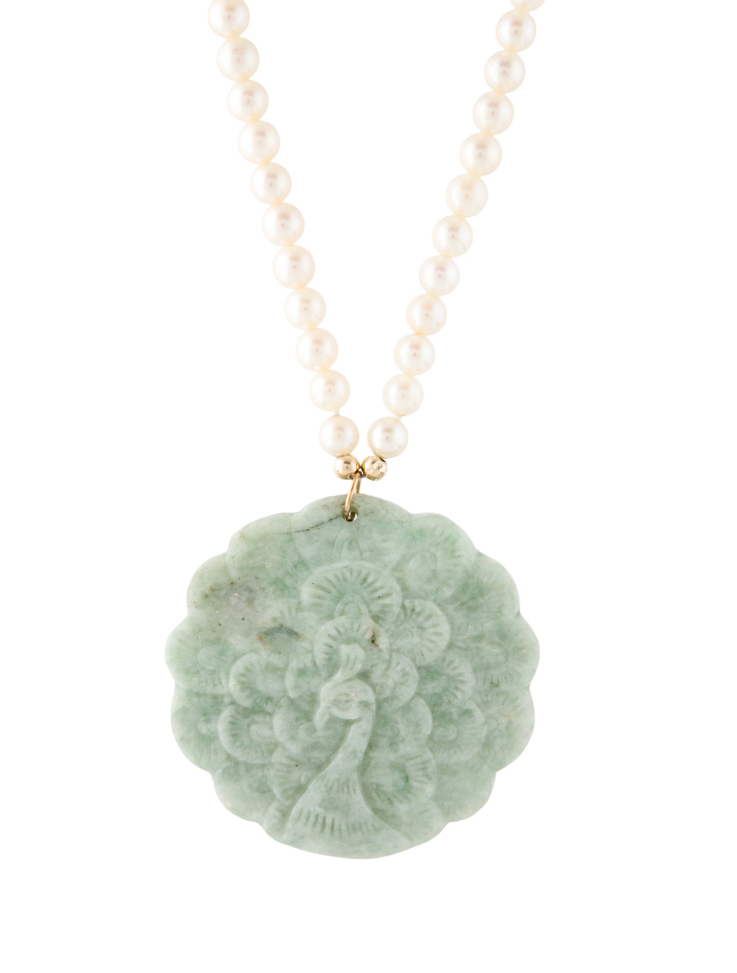 Necklace 14K Pearl & Jadeite Peacock Pendant Necklace