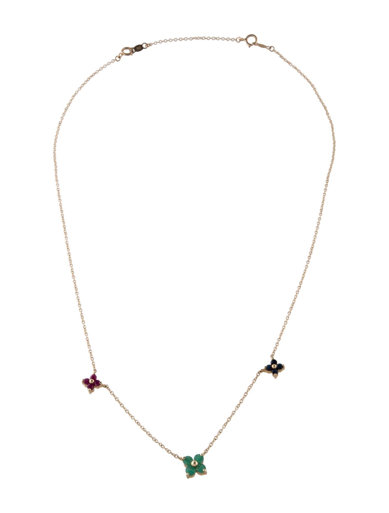 Necklace 14K Ruby, Sapphire & Emerald Flower Station