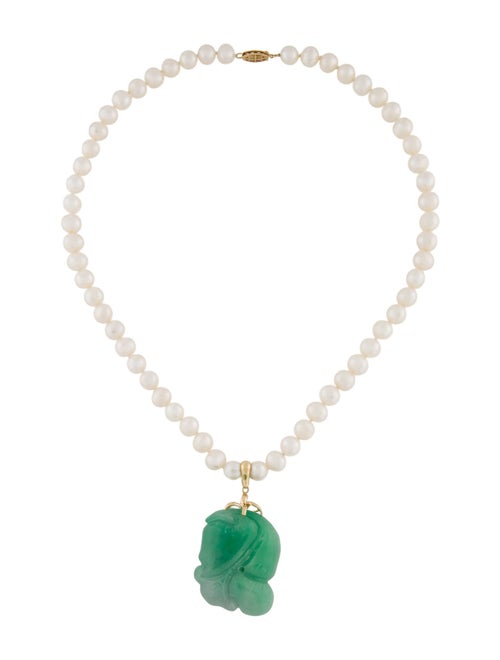 Necklace 14K Pearl & Dyed Jadeite Bead Strand & Enhancer Pendant Necklace