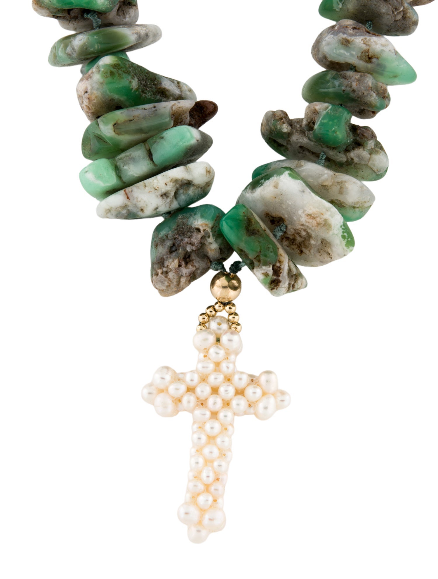 Necklace 14K Pearl Cross & Chrysoprase Bead Strand Necklace