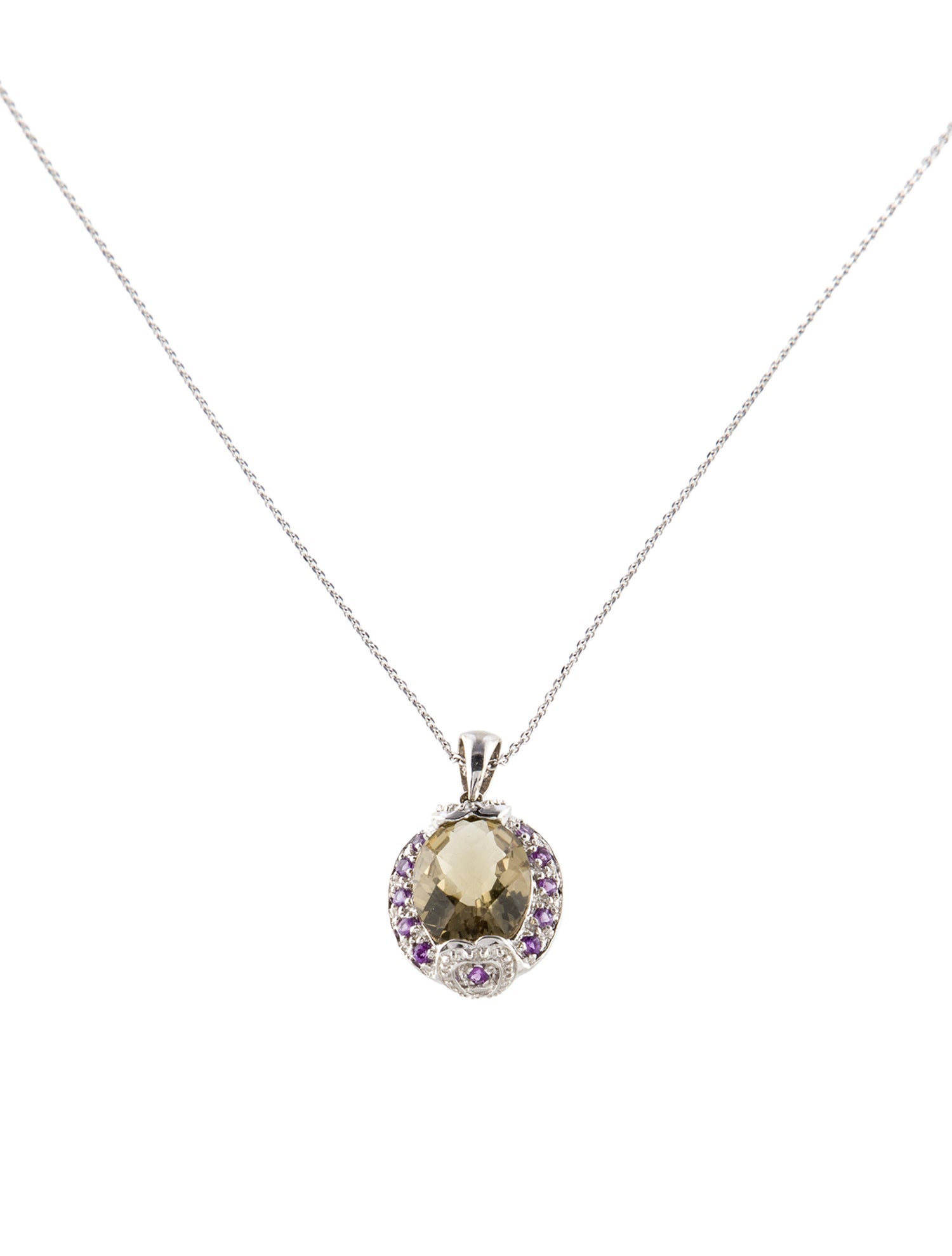 Necklace 14K Smoky Quartz, Amethyst & Diamond Pendant Necklace