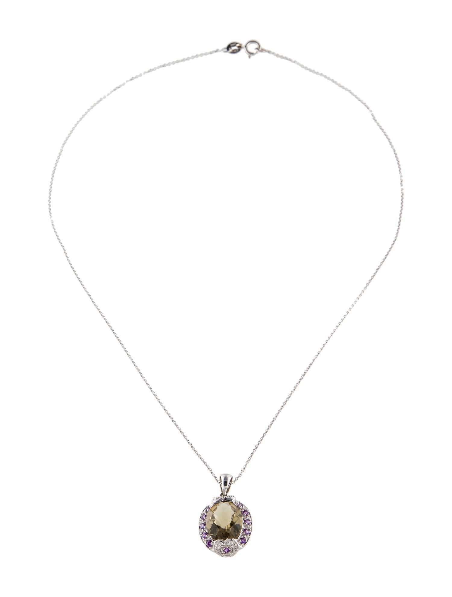 Necklace 14K Smoky Quartz, Amethyst & Diamond Pendant Necklace