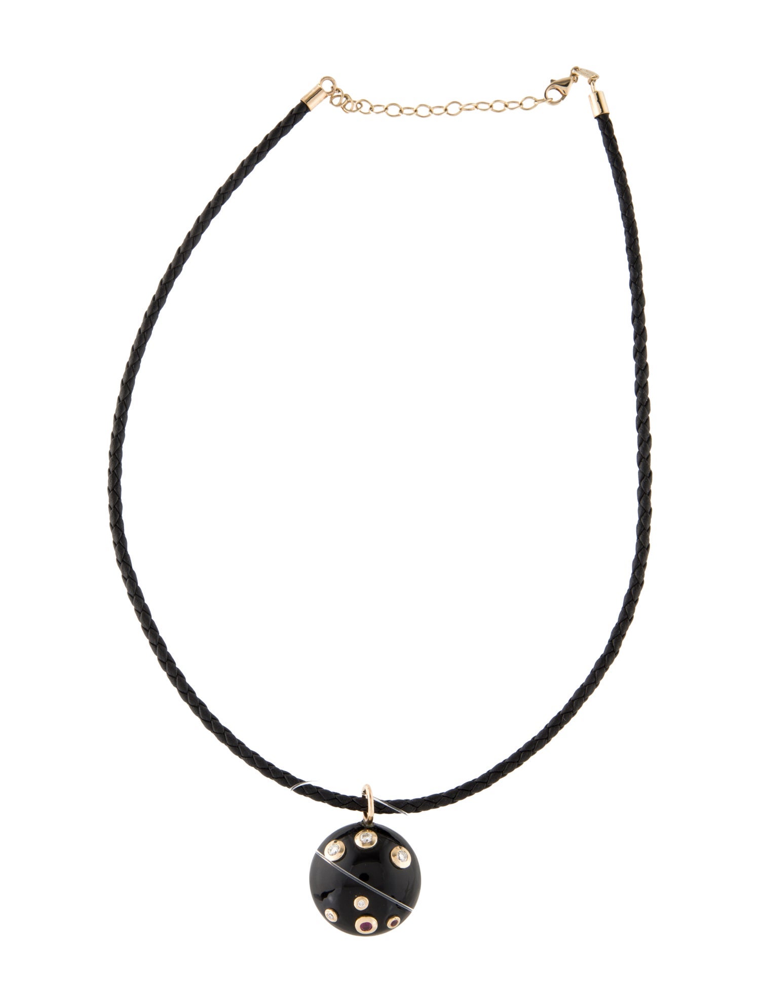 Necklace 14K Onyx, Ruby & Diamond Leather Pendant Necklace