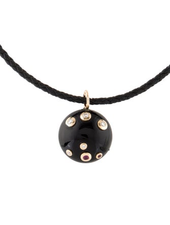 Necklace 14K Onyx, Ruby & Diamond Leather Pendant Necklace