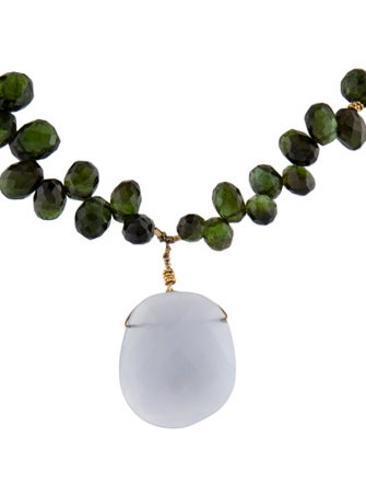 Necklace 18K Chalcedony & Tourmaline Beaded Pendant Necklace