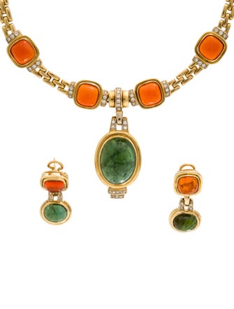 Necklace 18K 20.40ctw Fire Opal, Tourmaline & Diamond Necklace and Earrings Set