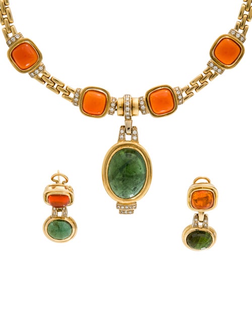 Necklace 18K 20.40ctw Fire Opal, Tourmaline & Diamond Necklace and Earrings Set