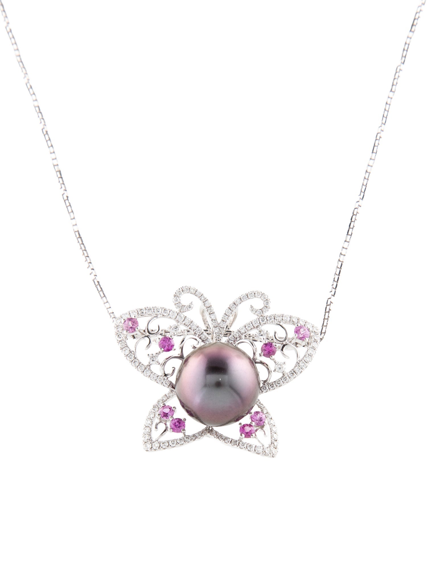 Necklace 18K Pearl, Sapphire & Diamond Butterfly Slide Pendant
