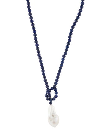 Necklace 14K Pearl & Lapis Lazuli Lariat Necklace