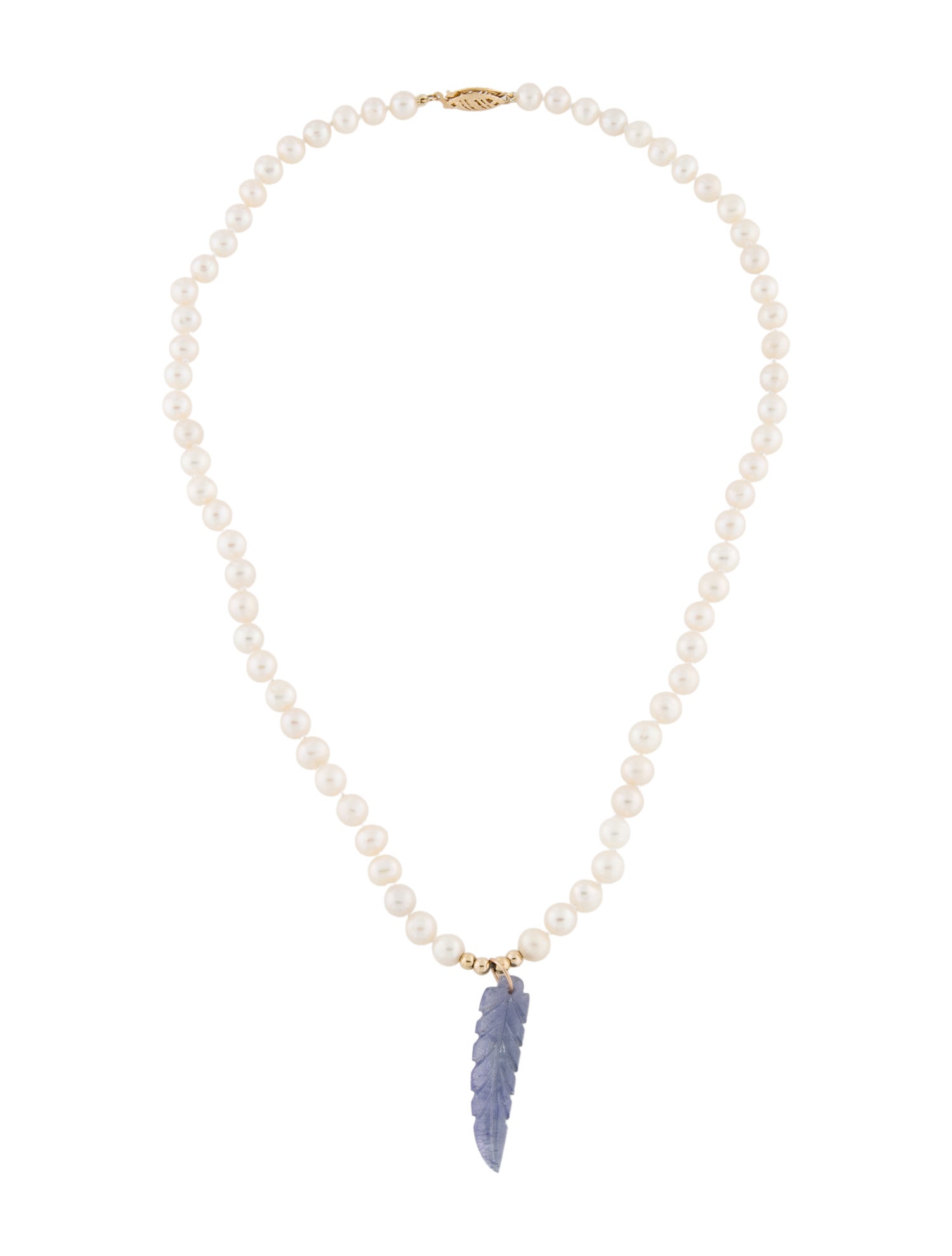 Necklace 14K Pearls & Carved Tanzanite Pendant On Bead Strand Necklace