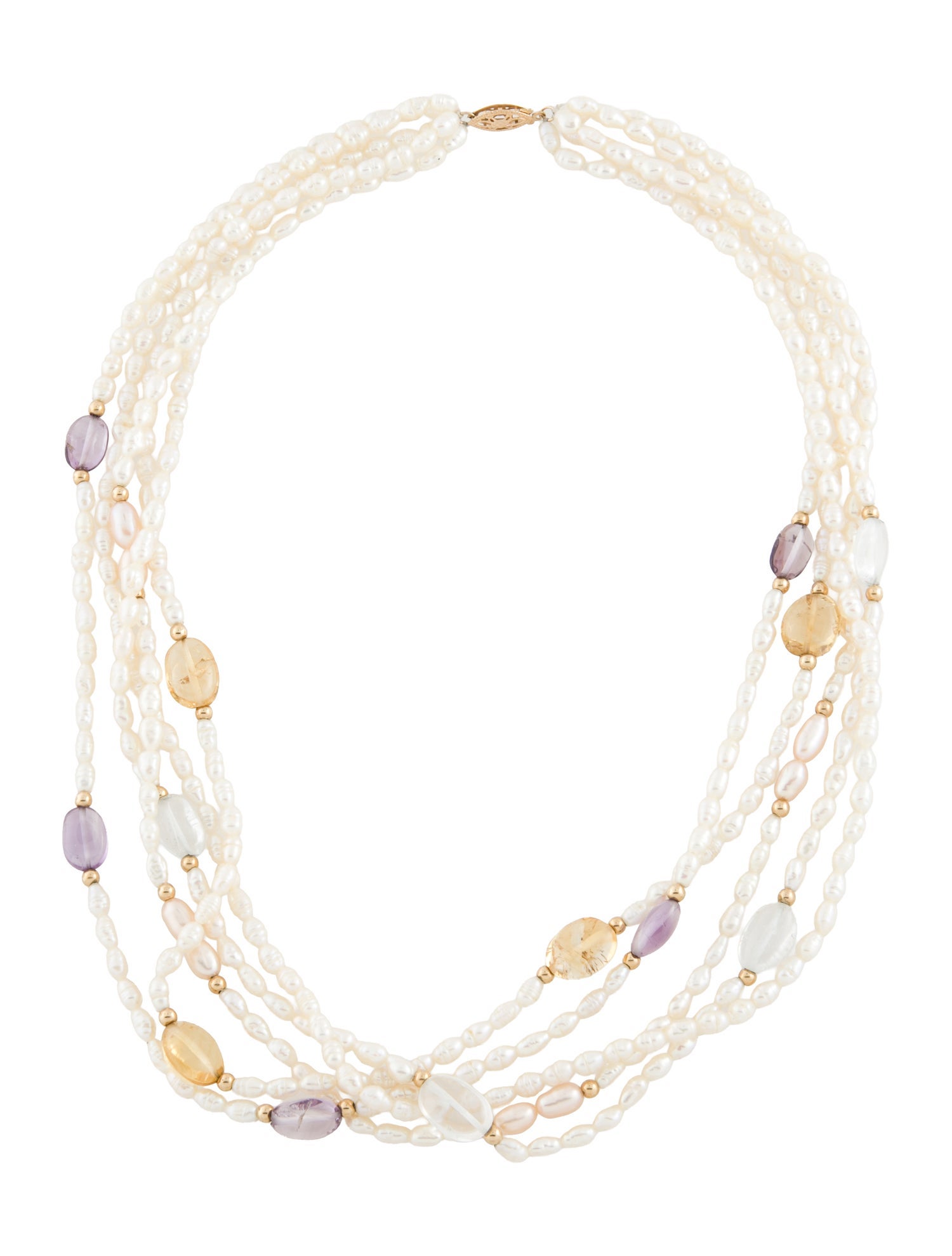 Necklace 14K Citrine, Amethyst, Topaz & Pearl Strand Necklace