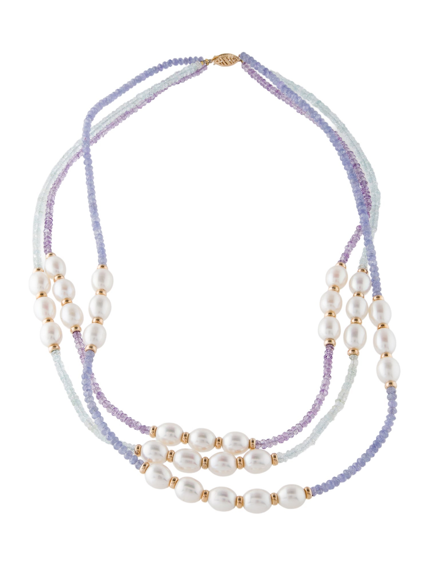 Necklace 14K Pearl, Aquamarine,Tanzanite and Amethyst 3-Row Station Beaded Necklace