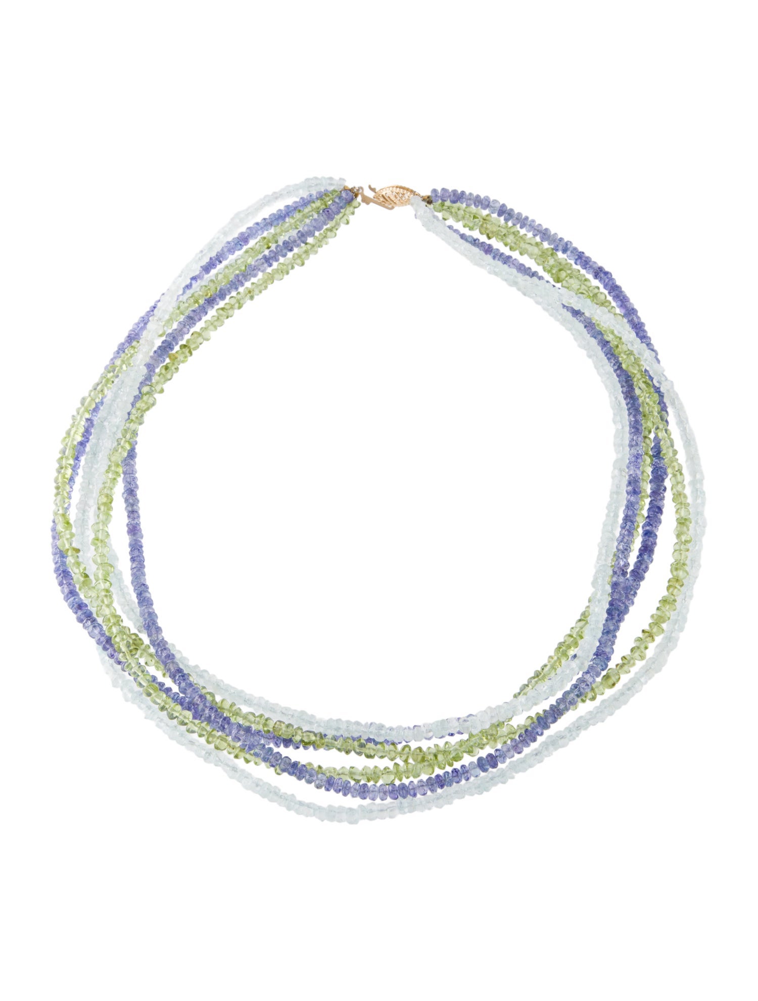Necklace 14K Aquamarine,Tanzanite and Peridot 6-Row Beaded Necklace