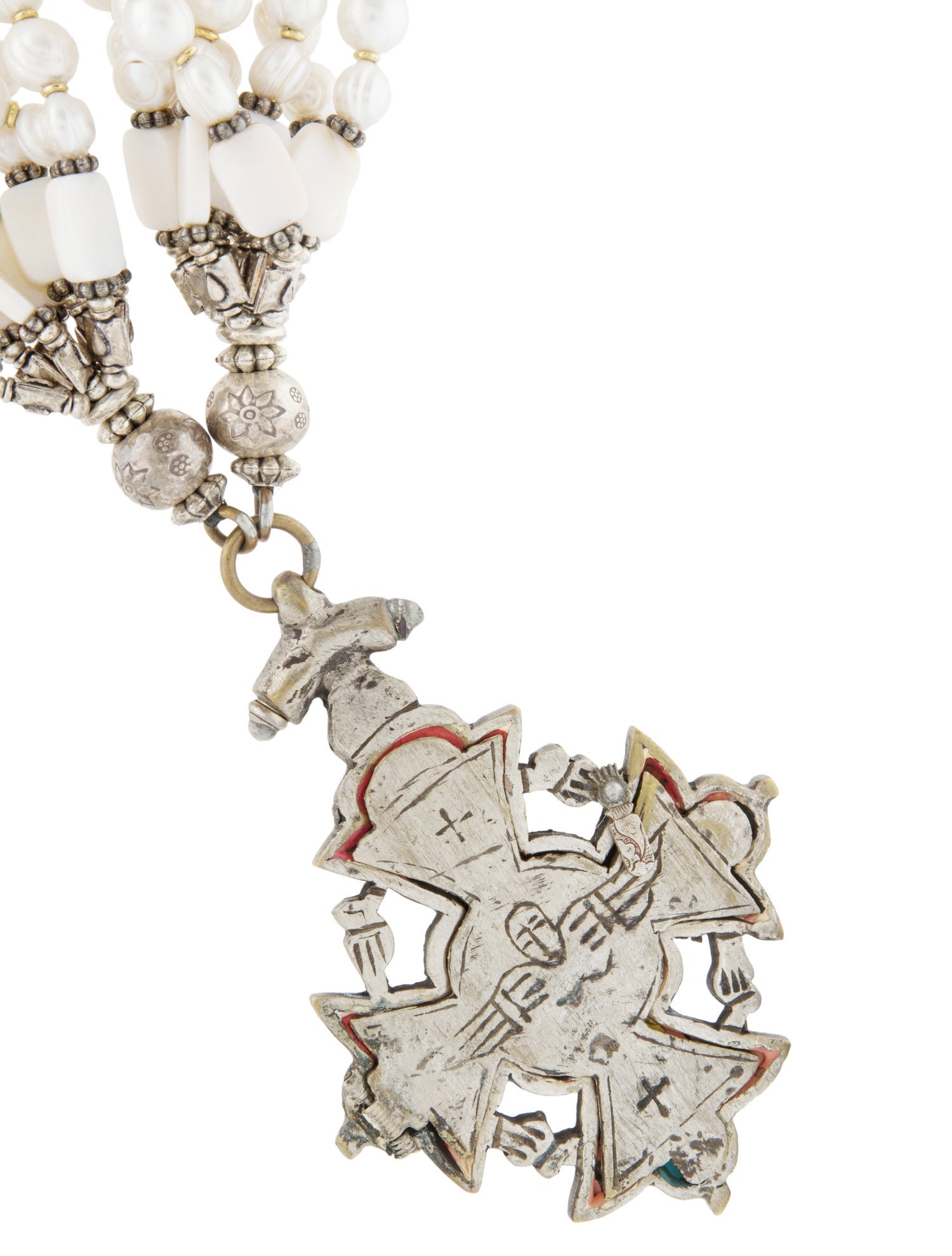 Necklace Vintage Masha Archer Pearl & Mother of Pearl Multistrand Cross Locket Pendant