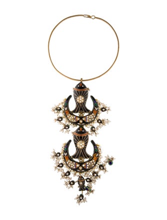 Necklace Vintage Crystal, Faux Pearl & Enamel Tiered Fish Necklace