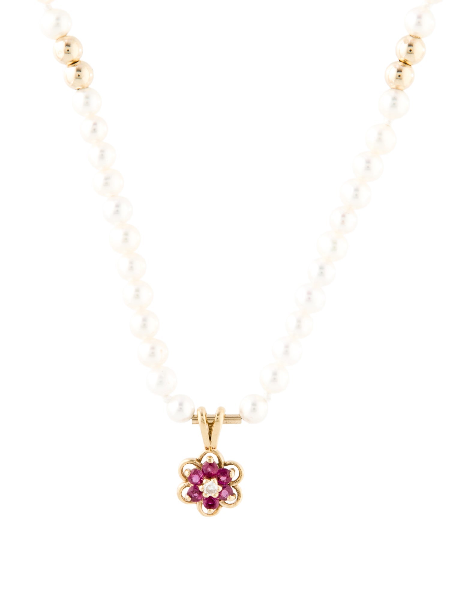 Necklace 14K Pearl, Ruby & Diamond Pendant Necklace